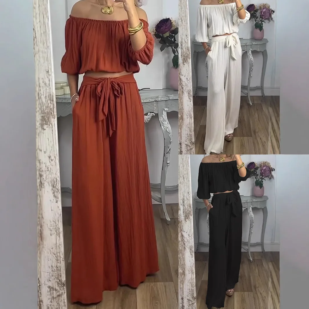 Elegant Women's Off Shoulder Pants Set One Shoulder Half Sleeves Short Top Loose Elastic Waist Trouses 2 Pieces Suits For Woman