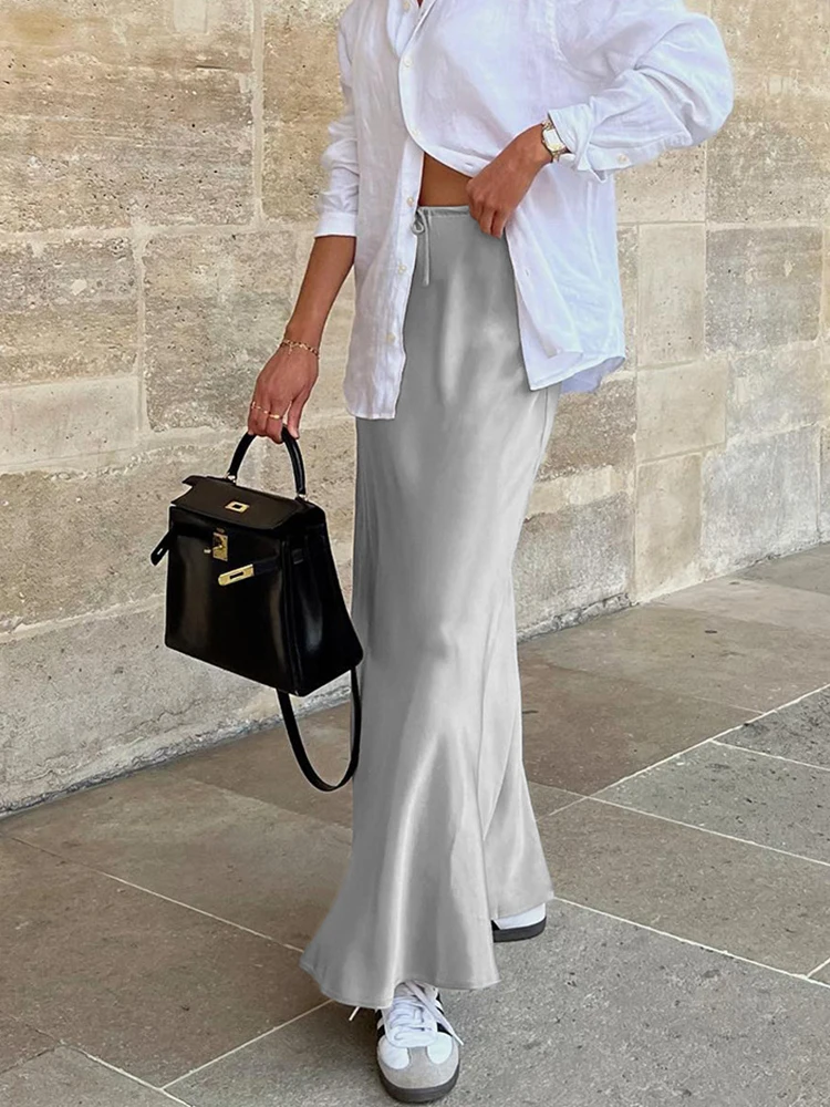 

ByeMyLove High Waist Laceup Long Skirt Women Casual Solid Satin Silk Elegant Maxi Skirt Fashion Chic Women Long Skirt Minimalism