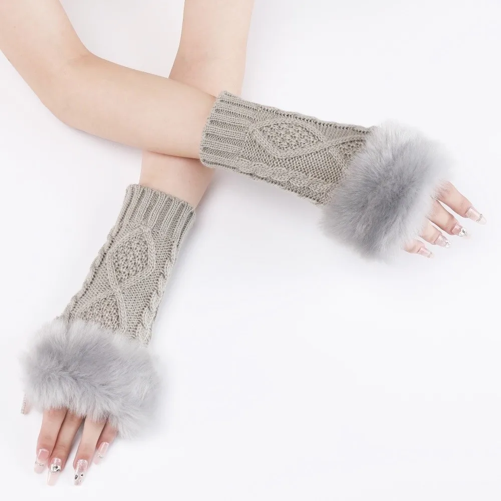 Chic Cable Knit Fingerless Arm Warmers Faux Fur Cuff Rhombus Pattern Half Finger Gloves Warm Strench Sleeve Cover Daily Wear