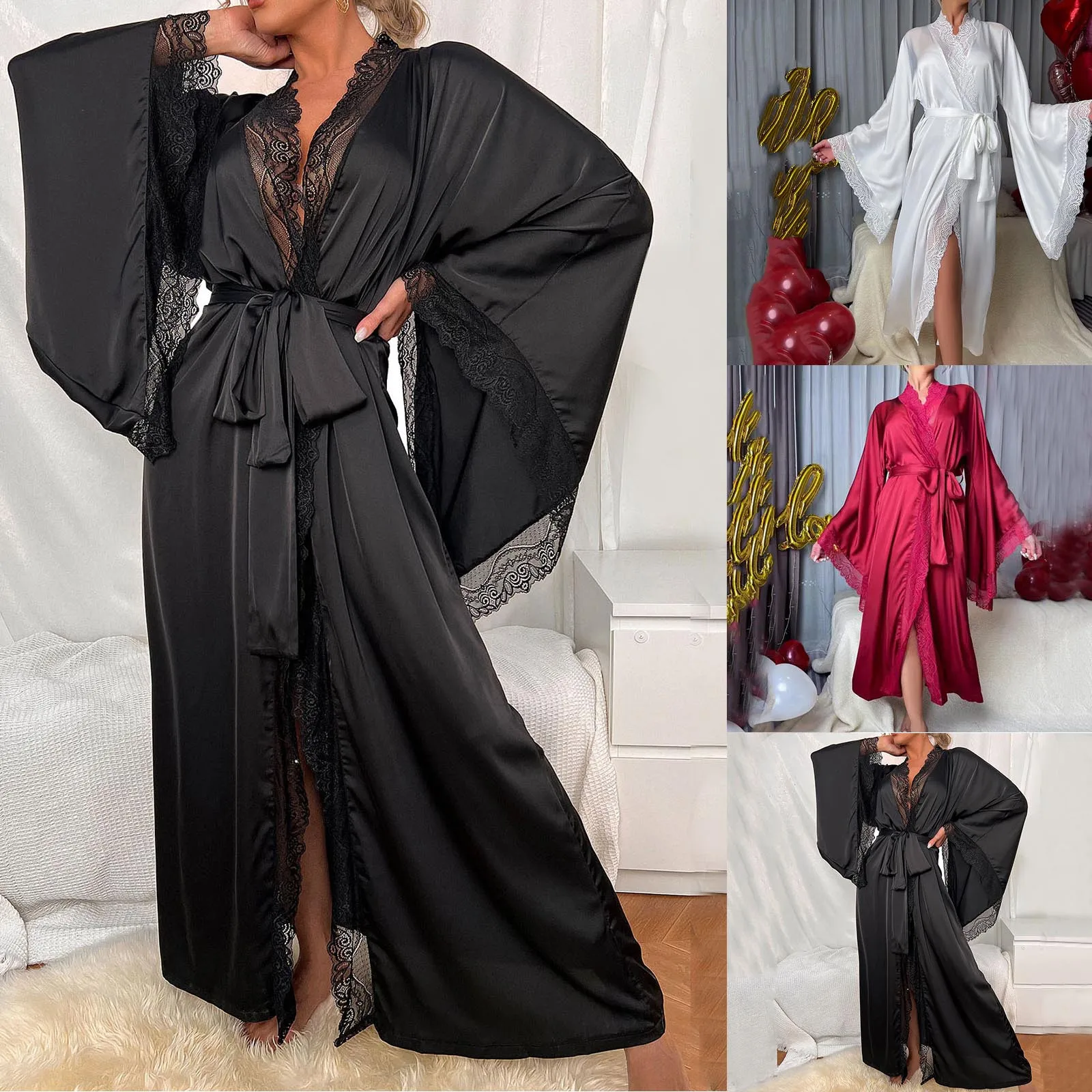 Women's Satin Silk Robe Female Sleepwear Lace Patchwork Long Bathrobes Ladies Flare Sleeve Nightgown Soft Silk Dressing Gown