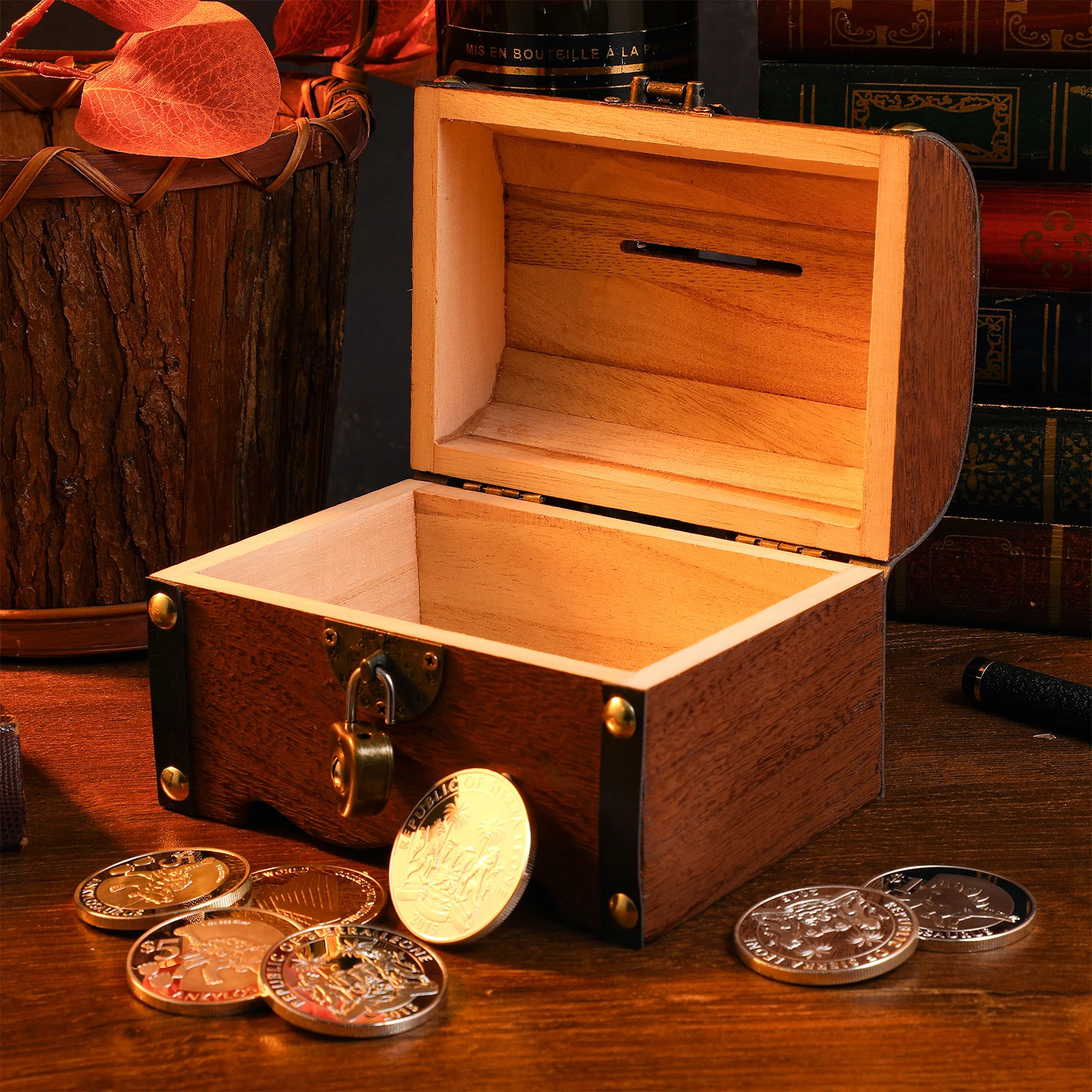 Vintage Treasure Storage Box Piggy Bank Organizer Saving Box Case with Lock for piggy bank wood coin storage box