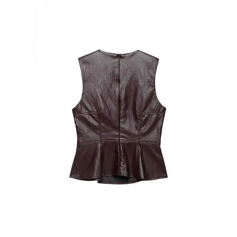 Maxdutti Minimalist Women's Matching Sets Sleeveless Round Neck Waisted Faux Leather Top Split Back Skirt Set Southern France