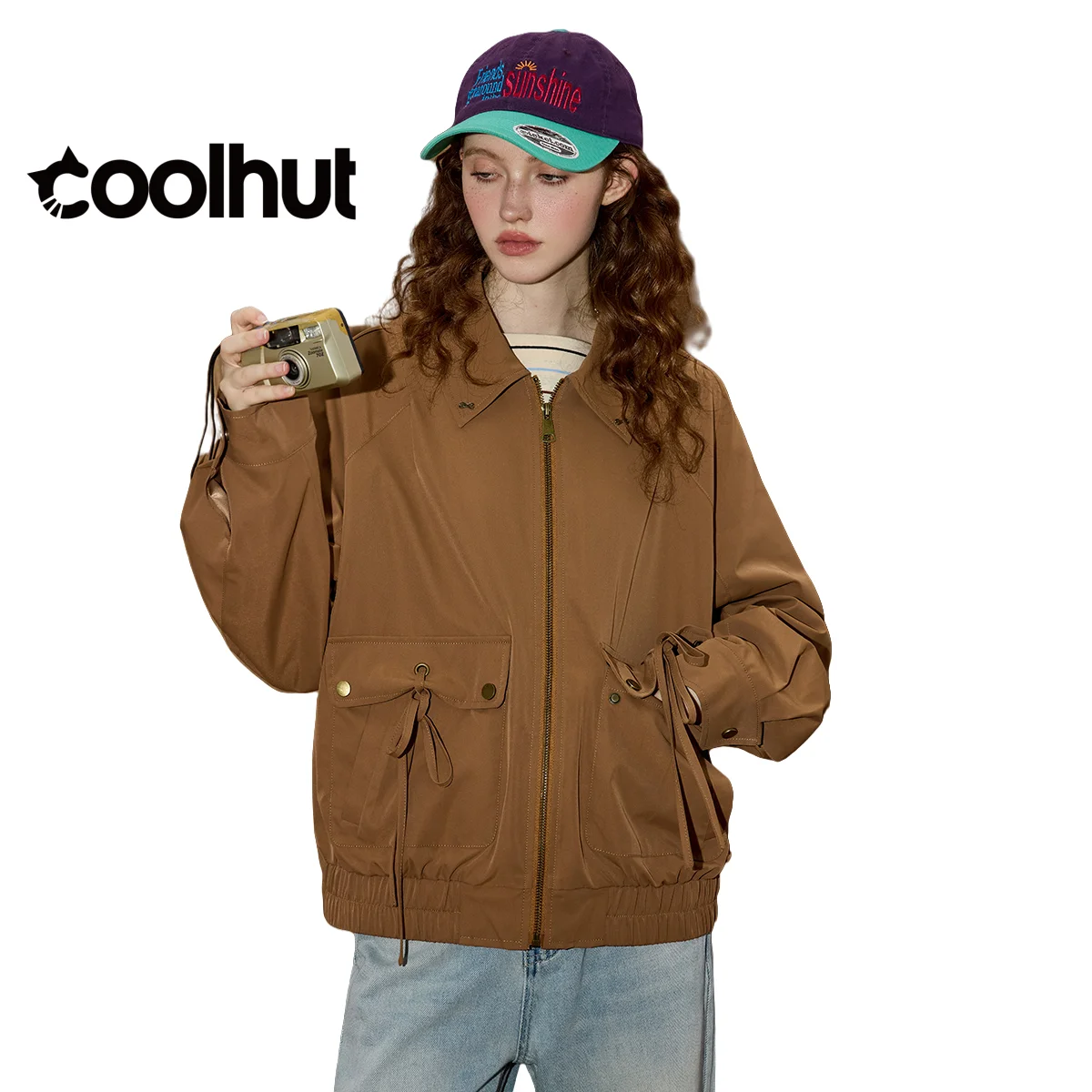 

COOLHUT женская демисезонная повседневная куртка-бомбер с воротником с лацканами и карманами, модная осенняя верхняя одежда, универсальная уличная одежда