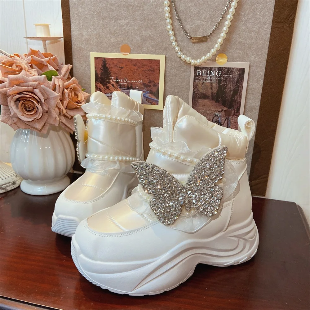 

2025 Winter New Fashion Boot Inner Heightening Thickened Cotton Shoes White Velvet Thick-soled Fluffy Snow Boot