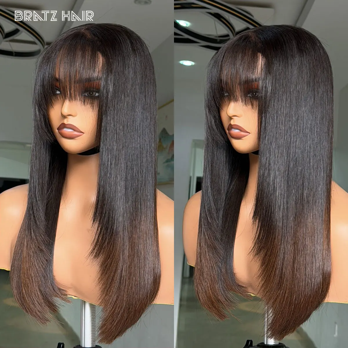 

300 Density Glueless Wig Double Drawn 2*6 Kim K Closure Fringe Layered Bob Wig Human Hair Ombre Black Brown 13x4 Frontal Wig