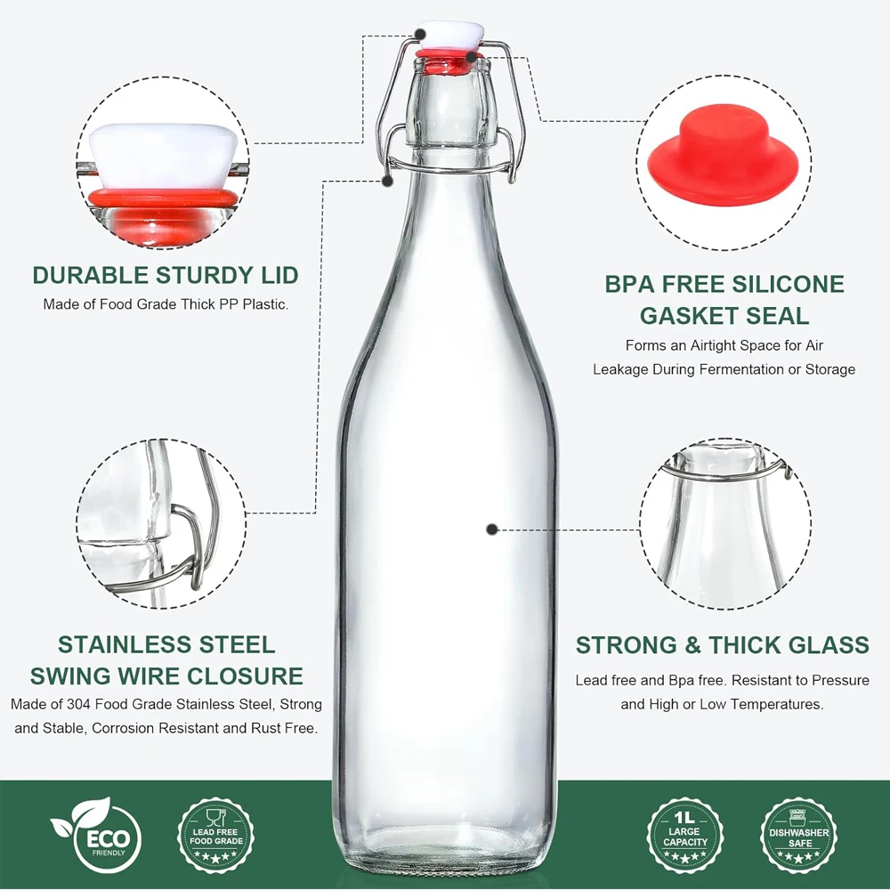 Classic Swing Top Glass Bottles 1L w/Marker & Labels - Clear Bottle with Caps for Juice, Water, Kombucha, Wine, Beer Brewing