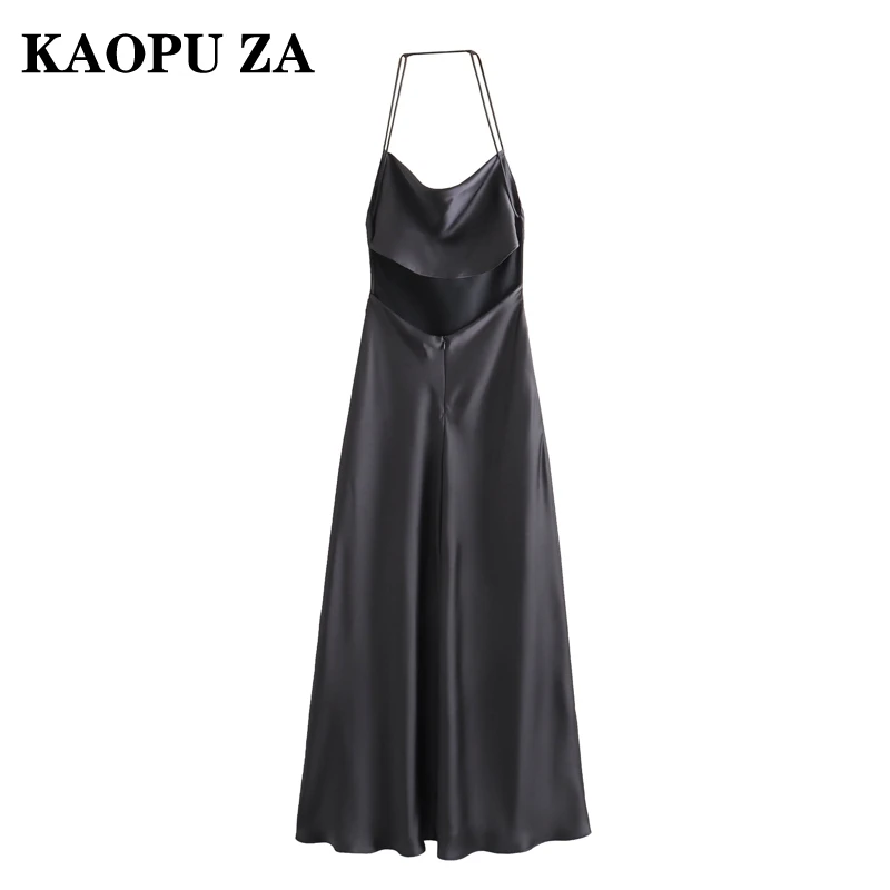 KAOPU ZA 2024 New Summer Women's Elegant Halter Neck Little Black Dress with Satin Texture Casual Evening Fashion Dress