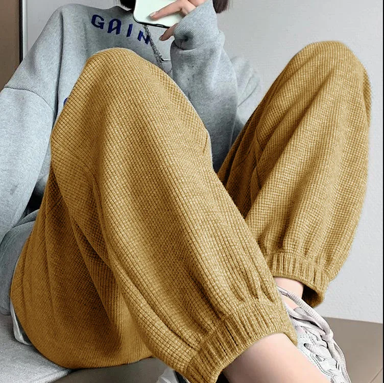 

Womens Pants Spring and Summer Waffle Style Loose Lantern Binding Casual Drawstring Sports Pants Fashionable Daily Wear