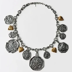 Trendy Silver Plated Coin Charm Necklace with Gold Heart Charms for Women Street Style and Daily Occasion Wear