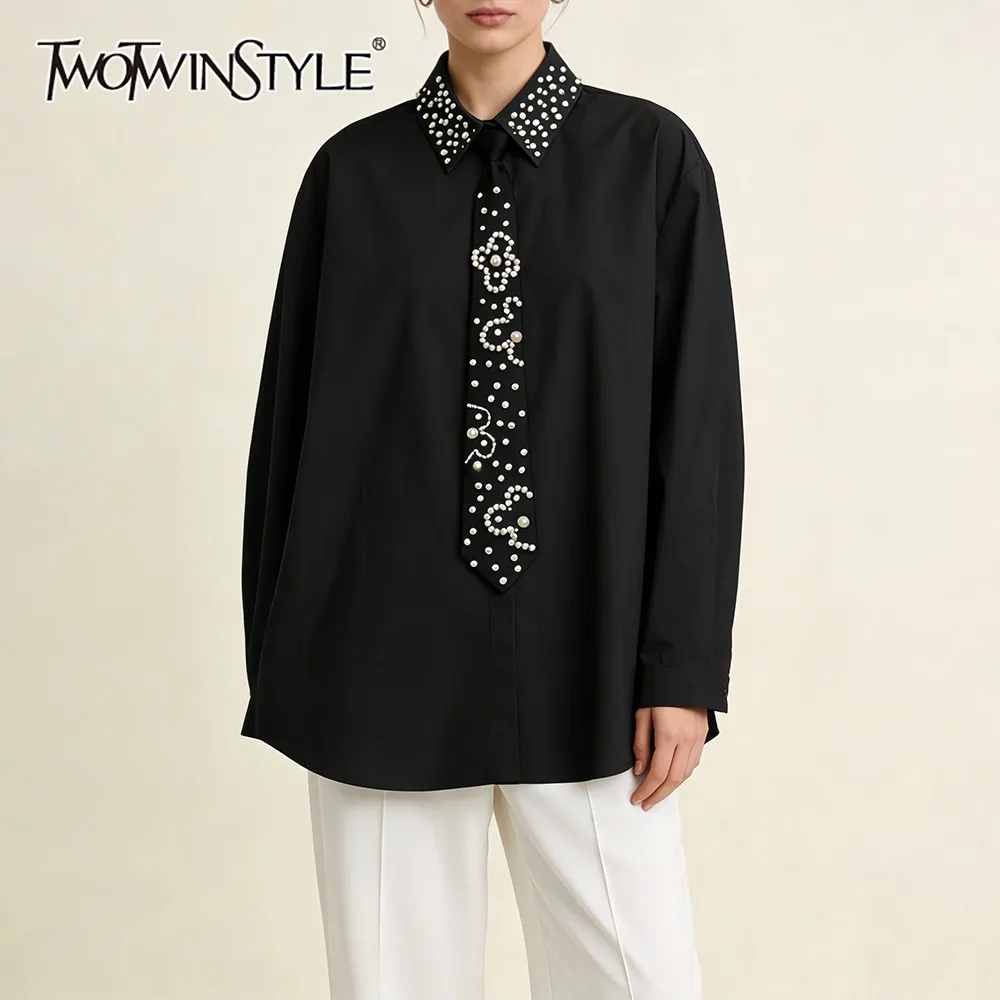 

TWOTWINSTYLE Solid Spliced Beading Commute Shirt Female Lapel Long Sleeve Loose Office Lady Women's Shirts Fashion Autumn New