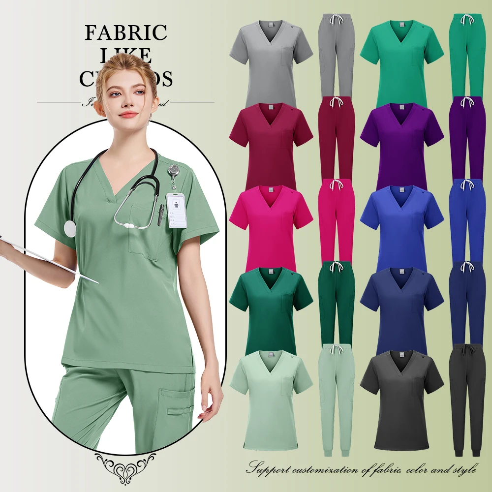 Medical Scrubs Uniform Women Nurse Scrub Set Pocket Top+Pants 2 Piece Suit Nursing Operating Room Clothes Beauty Salon Work Wear