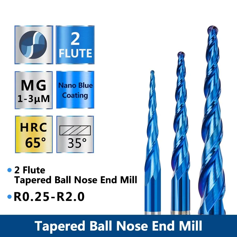 XCAN Ball Nose Tapered End Mills R0.25-R2.0 Solid Carbide CNC Router bites HRC65 Nano Blue Coating Metal Wood Engraving Bit