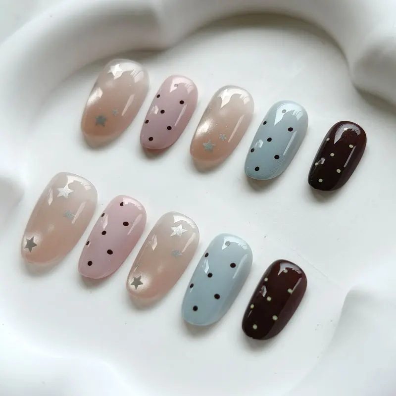10 Stück Süße Niedliche Vergoldete Polka Dot Sterne Kurze Mandel Wiederverwendbare Nagelkunst Französischer Stil Katzenaugen-Nagelaufkleber Aufklebnägel – Detail 14