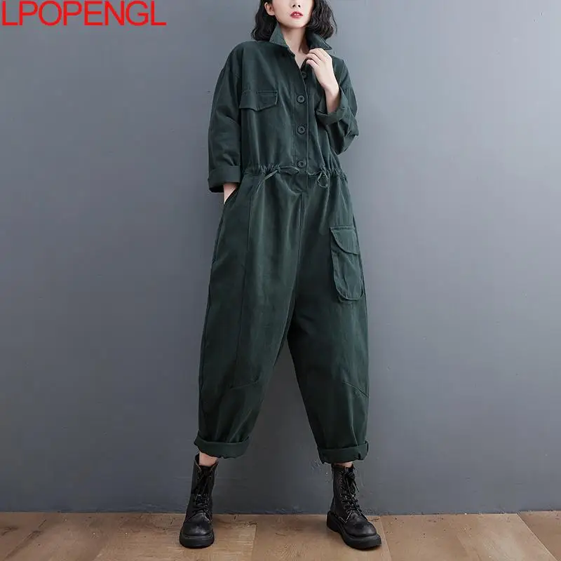 2022 Fashion Autumn New Corset Oversized Long Sleeves Jumpsuit Women's Temperament Casual Straight Vintage Ankle-length Pants