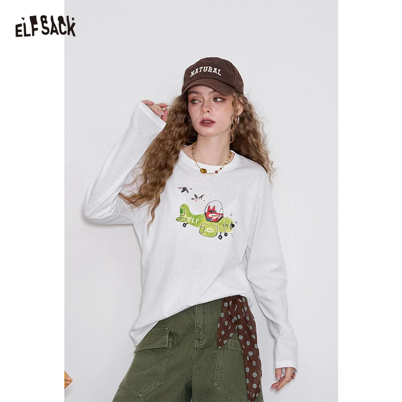 

ELFSACK 2025 Summer New Arrival Cartoon Graphic Print Long Sleeve T-shirt Oversized Casual Cover-Up Lightweight Top For Woman