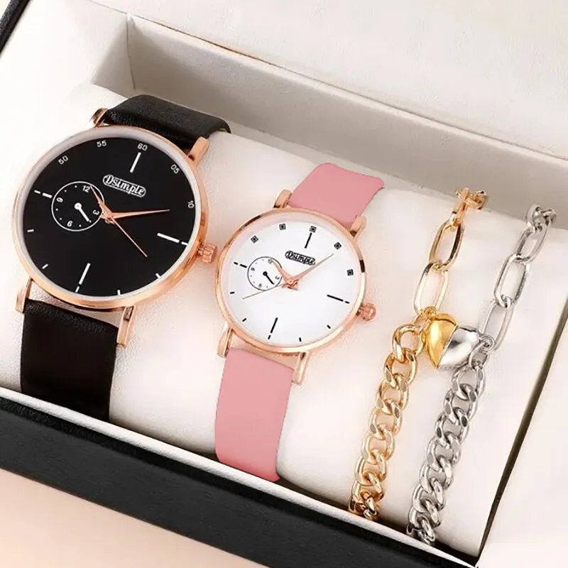 4pcs Fashion Simple Lovers Set Watches Luxury Men Women Leather Quartz Watch for Rose Gold Business Casual Bracelet Wristwatch