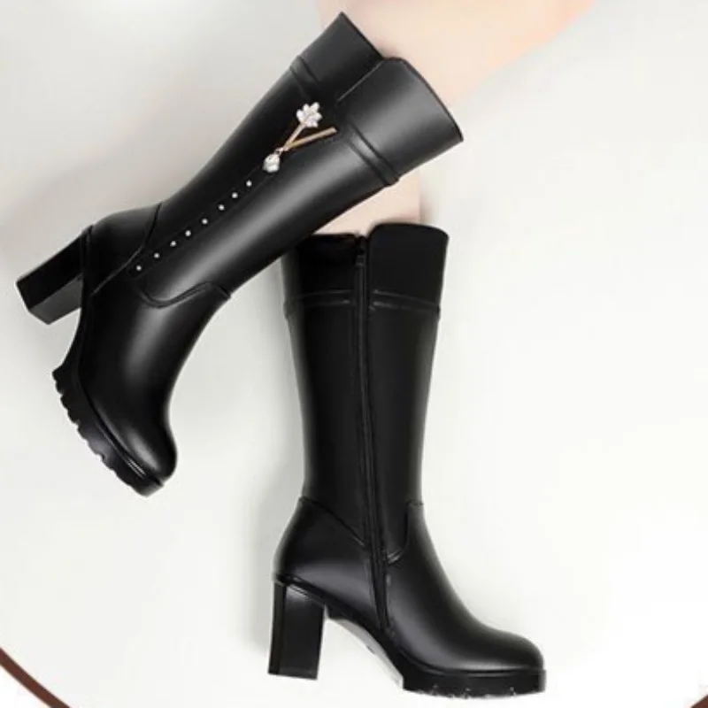 Womens Ankle Boots High Quality Leather Casual Boot Fashion High Heeled Ankle Boots for Women Plush Warm Winter Boot Botas Mujer