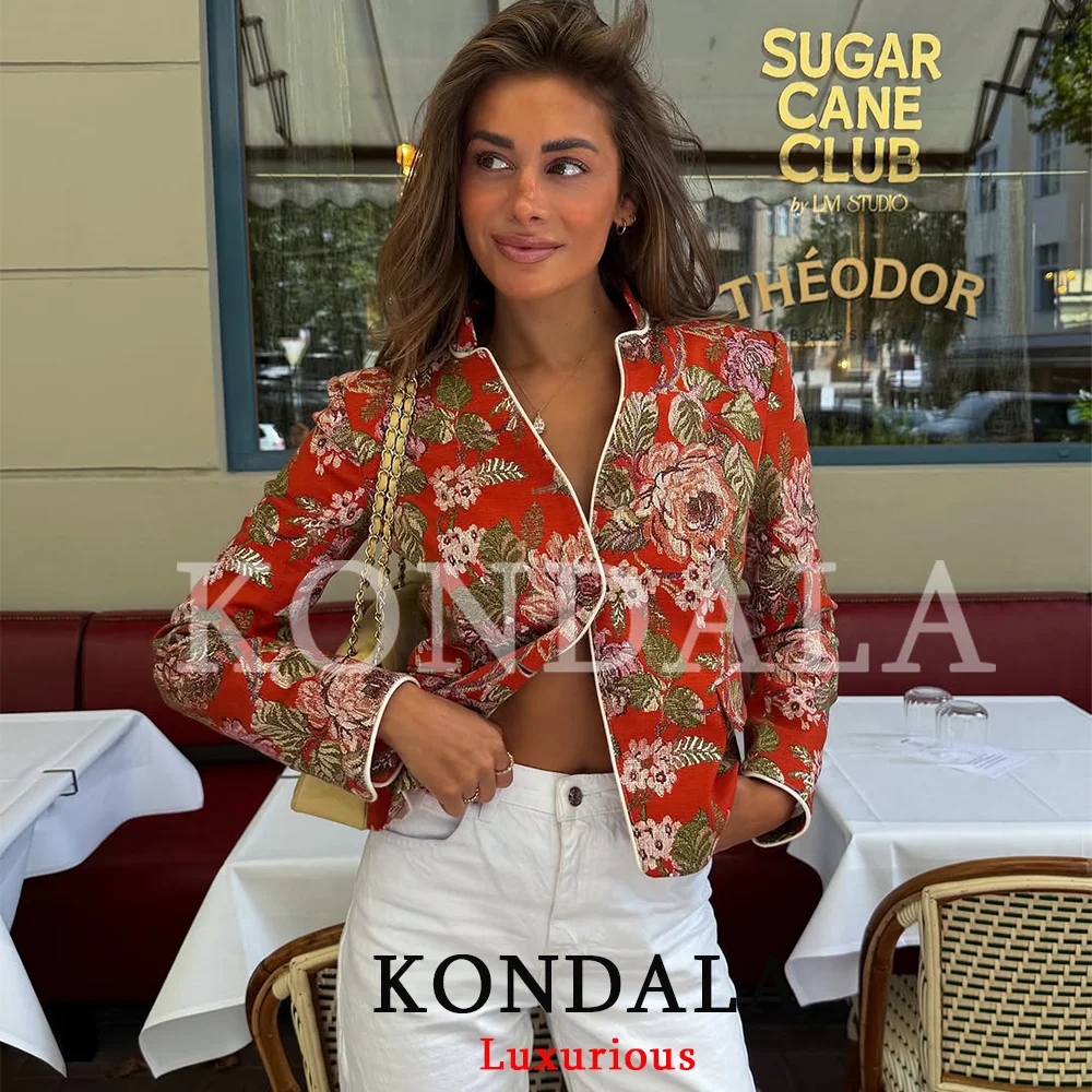 KONDALA Vintage Casual Chic Women Jacket Print Floral Stand Collar Single Breasted Jacket Fashion 2026 Autumn Winter Jackets