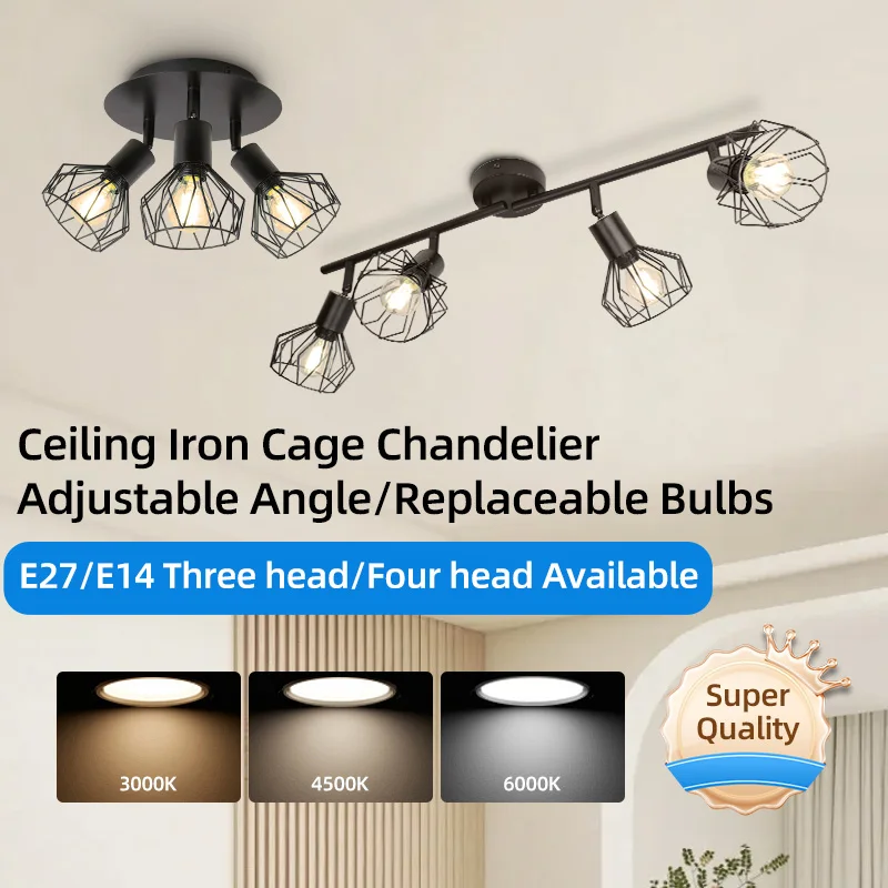 Modern Chandelier Cage Ceiling Lamps E27 Holder Iron Luxury Hanging Lamps for Home Decor Living Room Kitchen Dining Room Bedroom