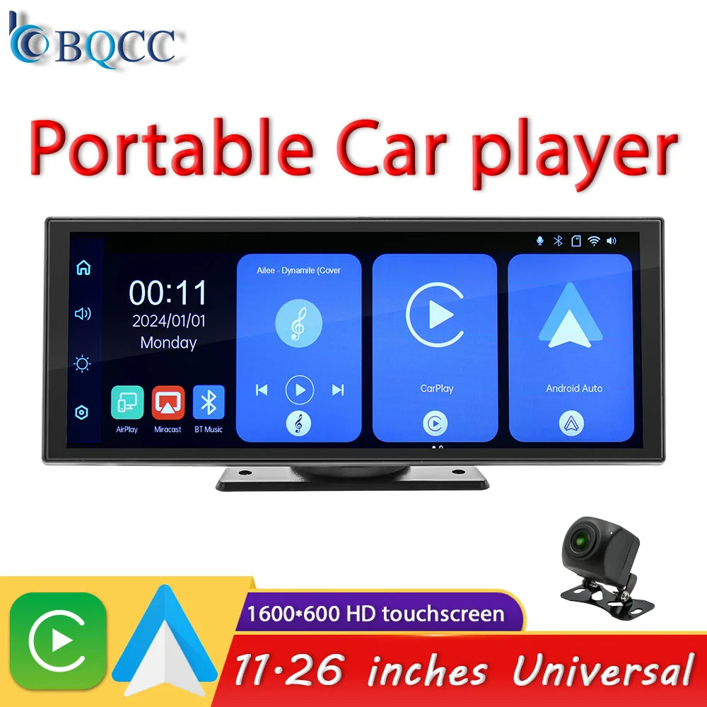 BQCC 11.26-inch HD Touch Screen for Universal Portable Car Mount Wireless Carplay Android Auto Mirroring BT TF Car Player