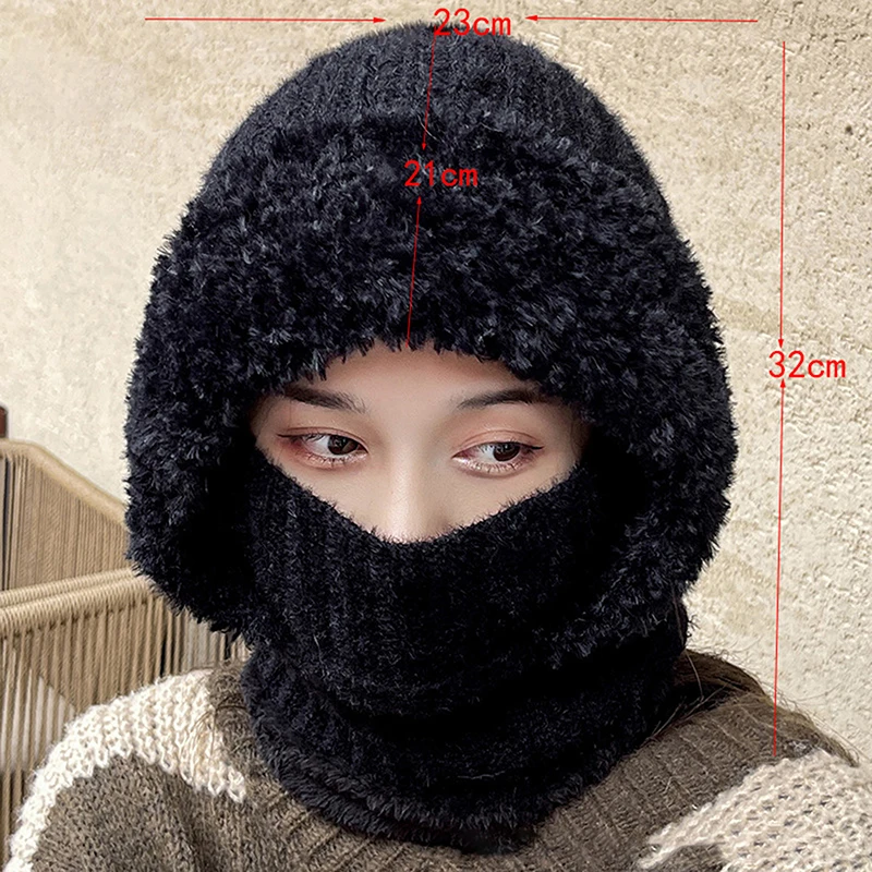 Winter Warm Cycling Hat with Ear Flaps Face Mask Knit Plush Balaclava Lady Hooded Neck Warmer Thermal Skullie