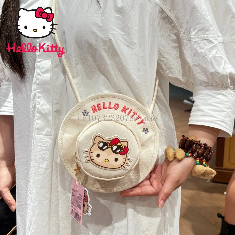 

Miniso Hello Kitty Canvas Shoulder Bag Fisherman Hat Series Crossbody Bags Kawaii Cute Embroidered Hangyodon Versatile Tote Bag