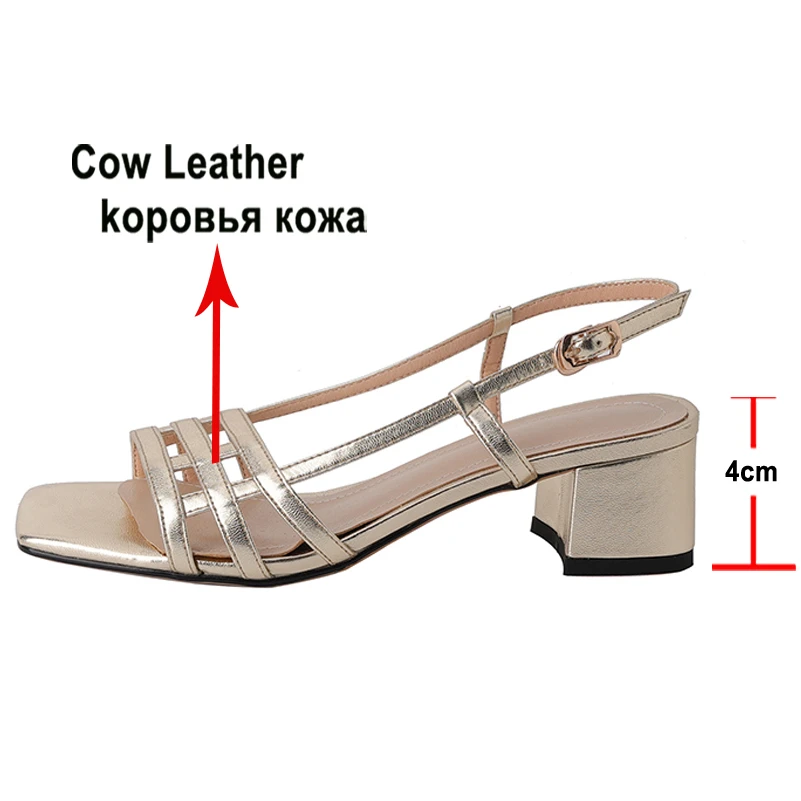 Meotina Shoes Women Genuine Leather Gladiator Sandals Thick Heel Sandals Mid Heels Buckle Square Toe Ladies Footwear Summer Gold