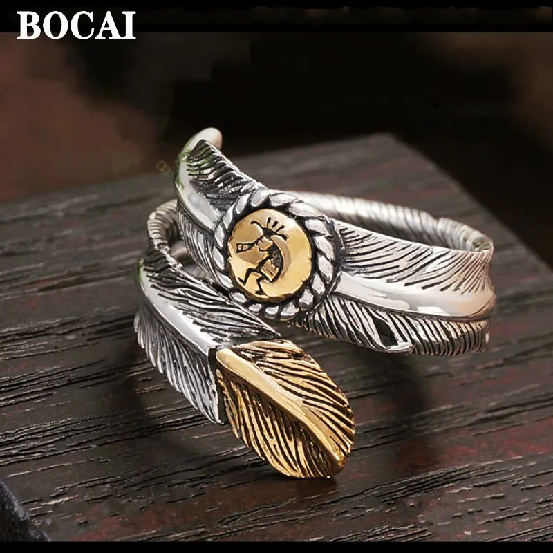 

BOCAI 925 Silver Jewelry Retro Indian Traditional Feathers Open Ring For Men and Women Couple Models Free Shipping