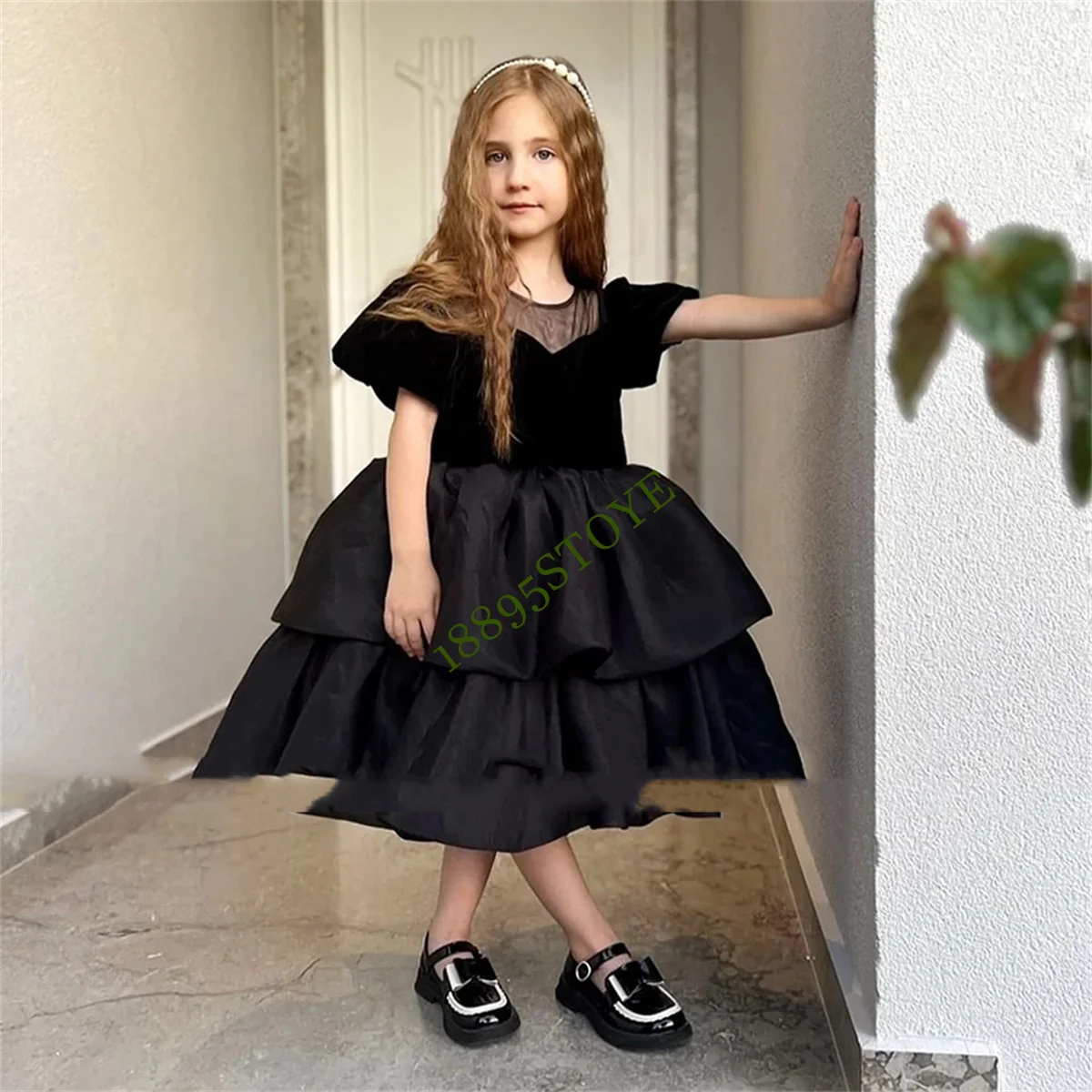 Elegant Black Short Puffy Flower Girl Dresses For Wedding 2023 Princess Birthday Pageant Toddler Kids First Communion Gowns