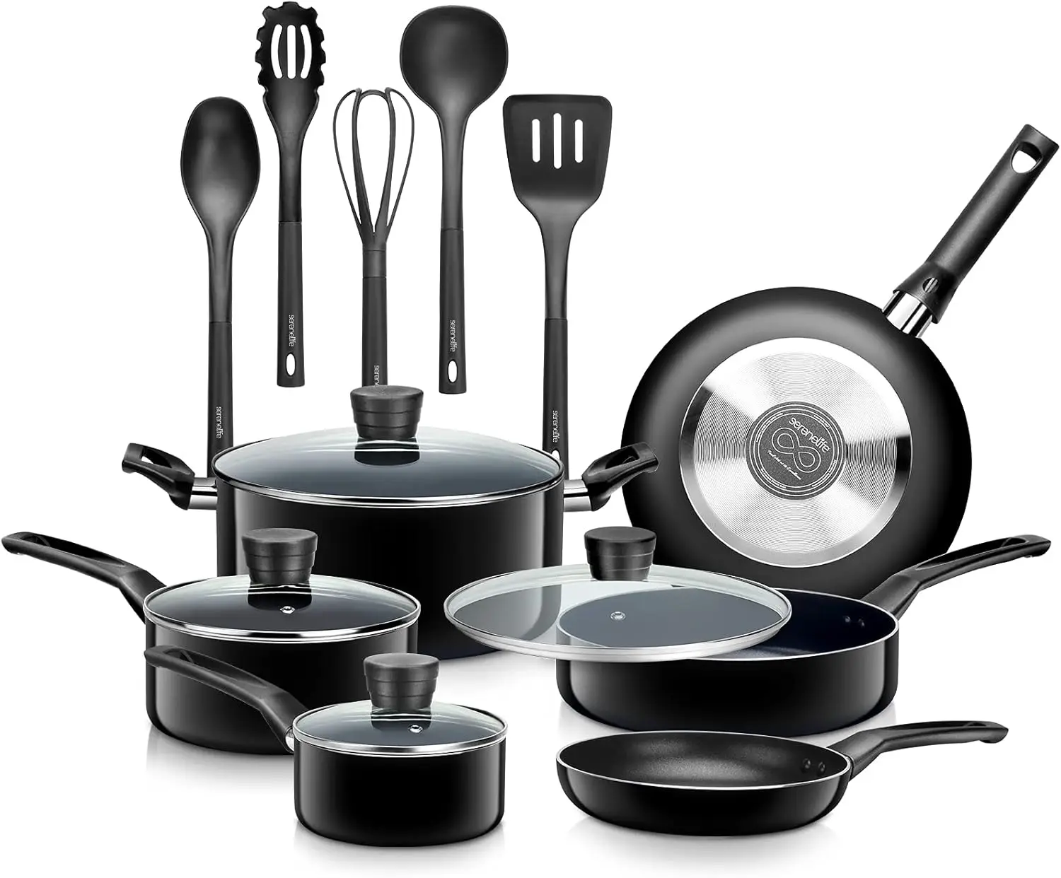 

Kitchenware Pots & Pans Kitchen Cookware, Black Non-Stick Coating Inside, Heat Resistant Lacquer (15-Piece Set), One Size,