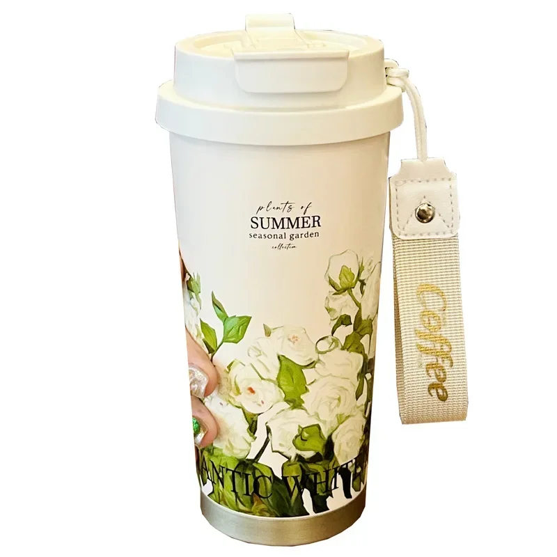 Woman Flower Coffee Mug 500ml 316 Stainless Steel Vacuum Flask Straw and Directly Drinking Insulated Tumbler Thermal Cup