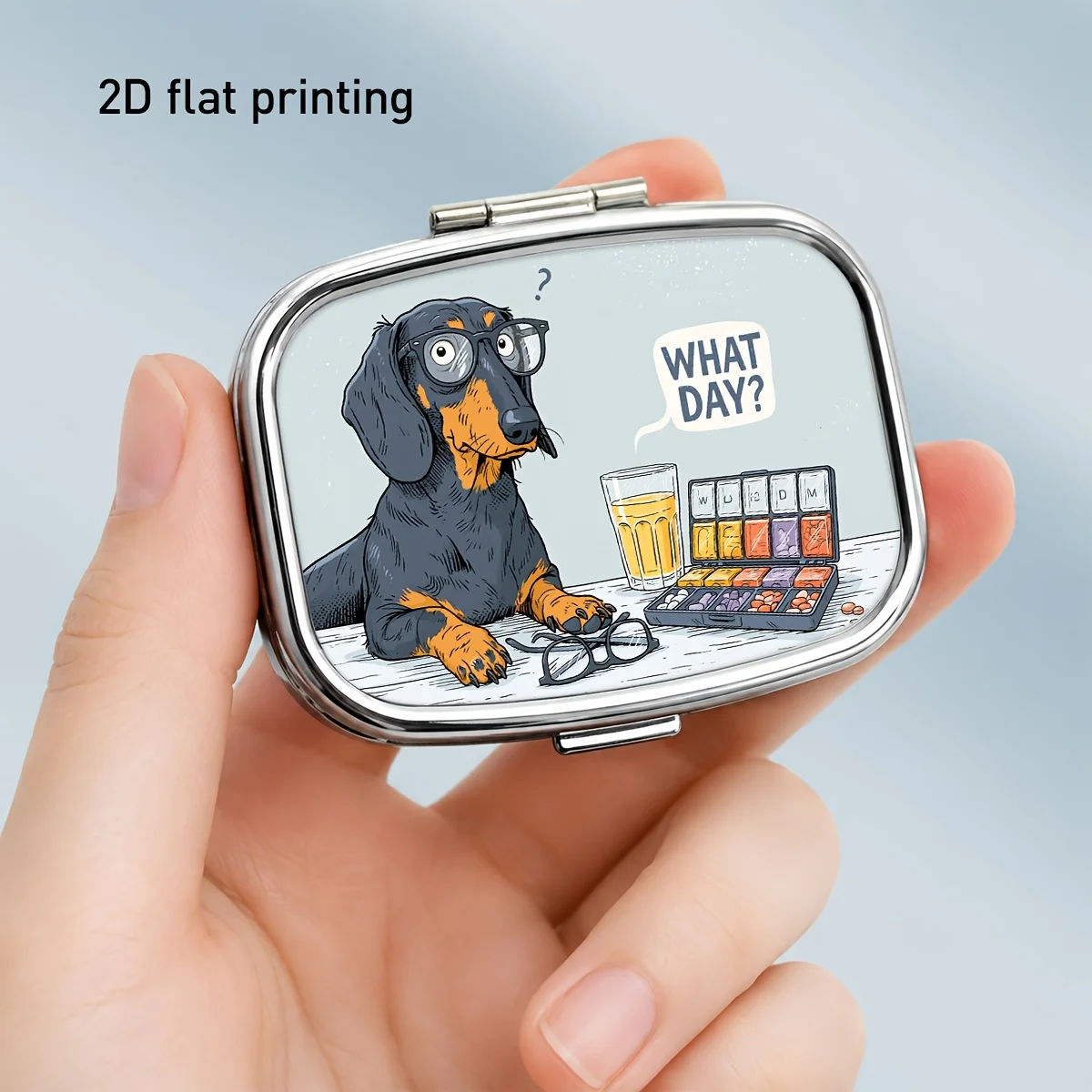 Two-Dimensional Flat Printing, Dachshund Dog Glasses and Medicine Grid Design, Vivid and Exquisite Border Printing Square Small Pill Box, Fresh Garden Style, Compartmentalized Metal Storage Box, Separation and Placement of Medicines, Vitamins, and Small Items