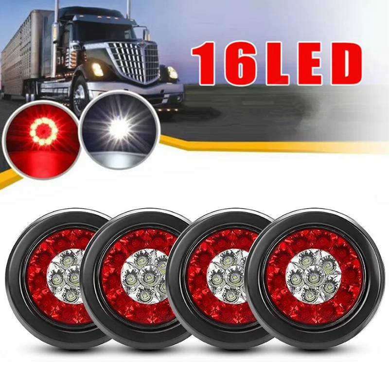 

4PCS 16LED Rear Brake Light Car LED Stop Parking Signal Taillight 4inch Round Truck Trailor Side Clearance Lighting for Truck