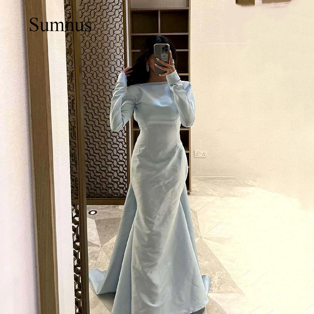 Sumnus Sky Blue Satin Mermaid Arabia Evening Dresses Long Sleeve Boat Neck Sexy Backless Event Prom Dress with Train Formal Gown