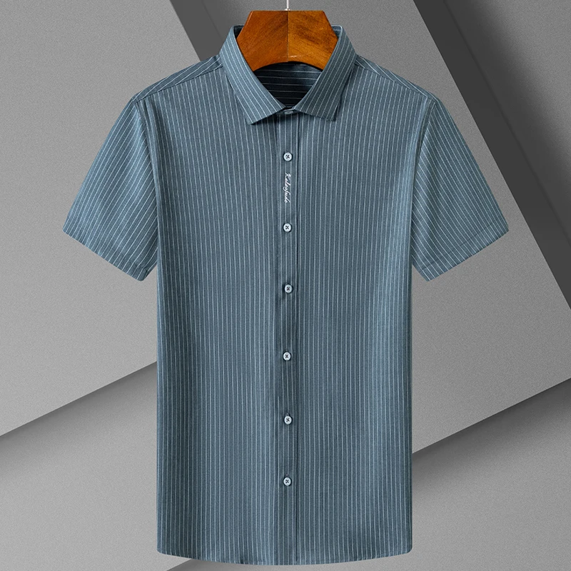 Fahion korean popular clothes summer striped short sleeve shirts for man slim fit casual shirt elastic easy-care designer shirt