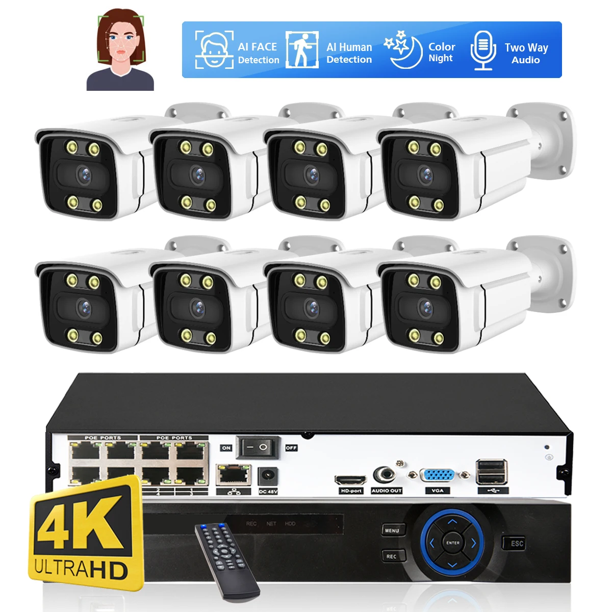 Sistema de cámaras de seguridad POE NVR 4K, 8 canales, 8MP, detección facial, visión nocturna a Color, cámara IP POE 2K, Audio bidireccional,