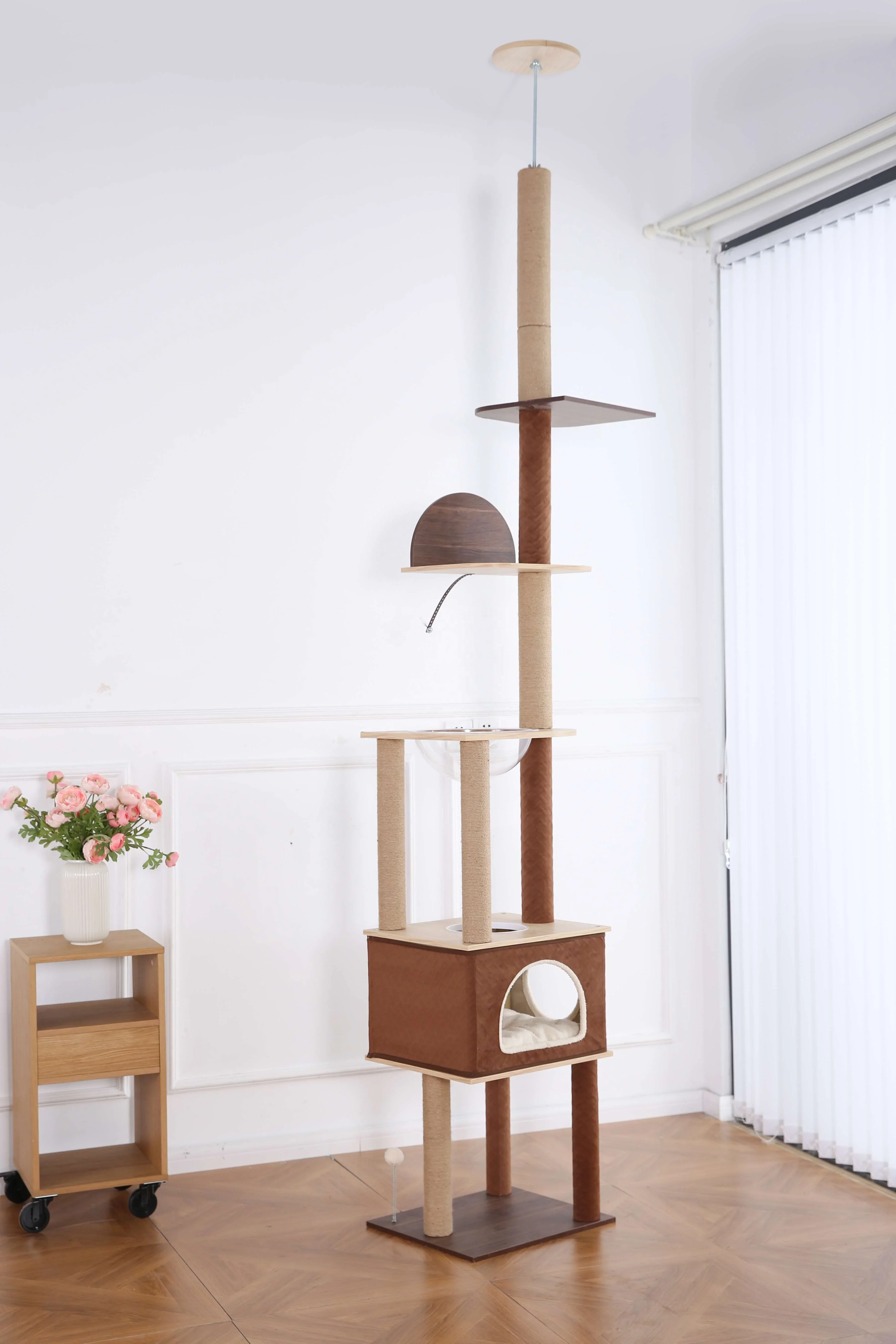 

-Tall Wooden Cat Furniture Climbing Scratching Post Adjustable Height Floor To Ceiling Tree Cat Tower
