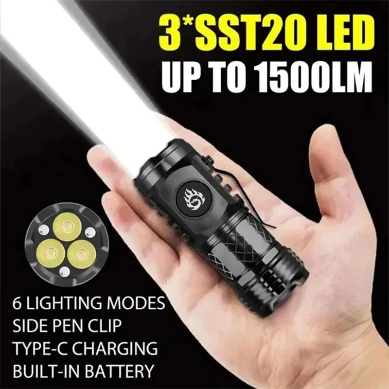 High Quality 3*SST20 LED Flashlight 18350 Super Bright Torch Rechargeable USB Light Waterproof with CAP CLIP for Hiking Camping