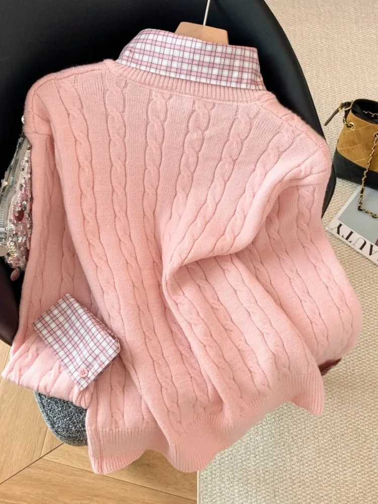 Koreaanse College Sle Twisted Knit Sweater Kraag Nep Tweedelige Dames Herfst Winter Zoete Roze Geruite Patchwork Top
