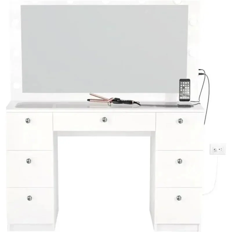 QAZ8-Bhaus Yara مكتب غرفة نوم كبير مع مرآة وأضواء. 7 أدراج. سطح زجاجي. مقابض كريستال - مكياج أبيض كبير @ Y