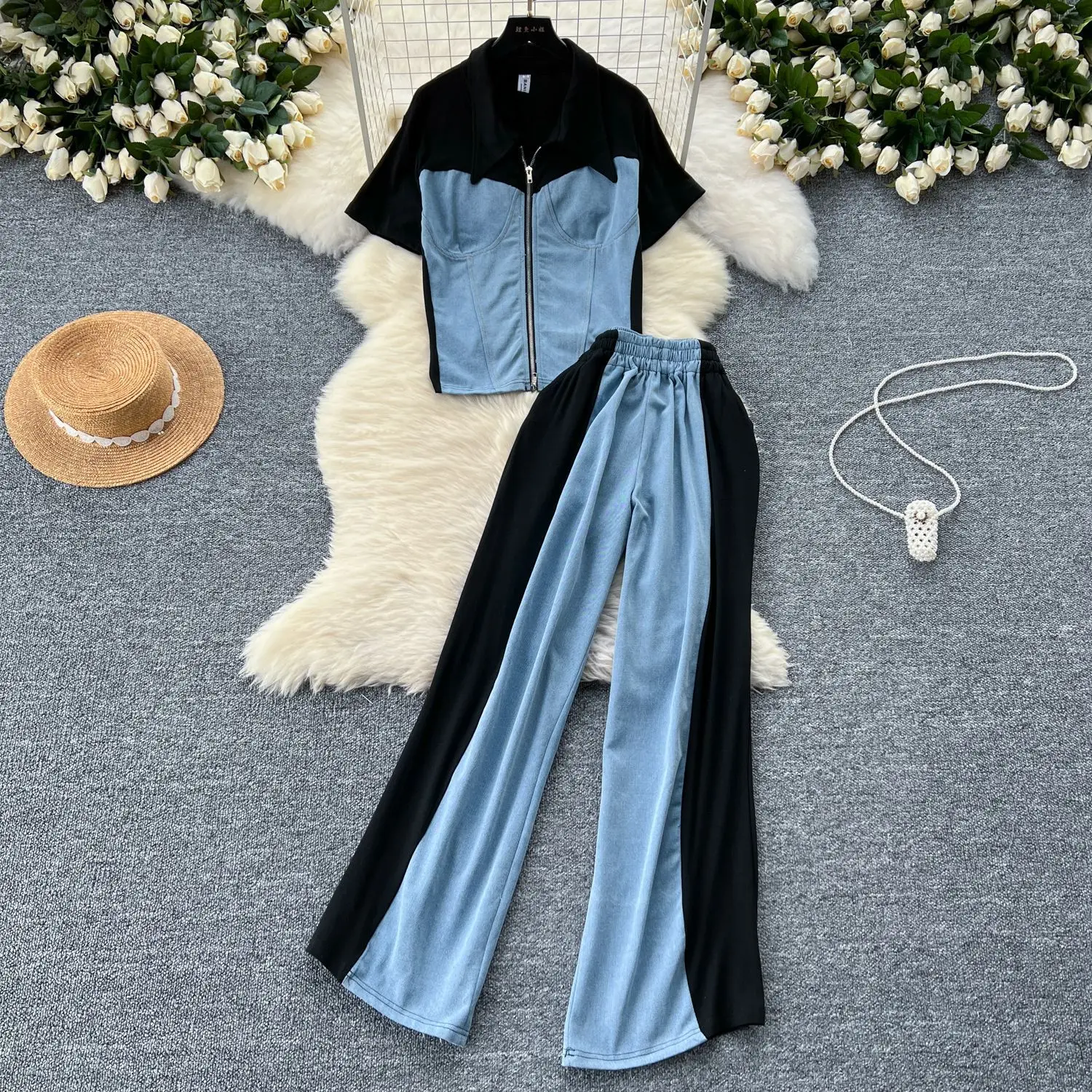 

Korean Fashion Polo Collar Short Sleeve Stitching Denim Top+Elastic Waist High Waist Wide-leg Trousers Women's Casual Two-piece
