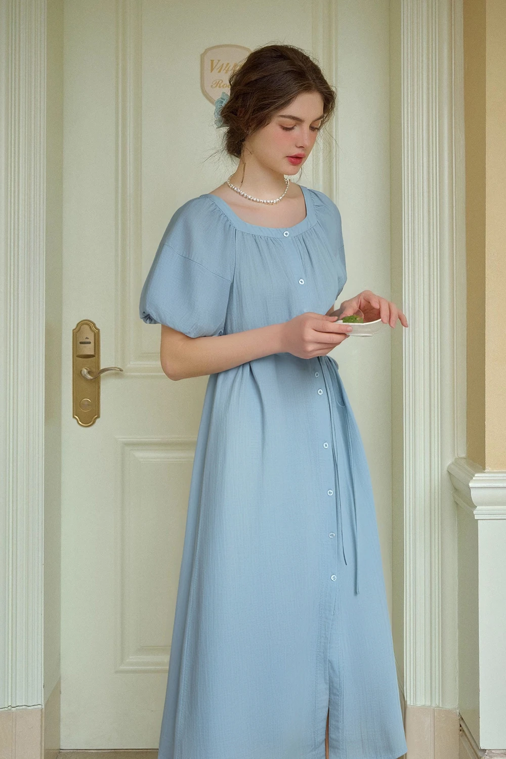 

VIMLY Women's Square Neck Straight Dress 2025 Summer Simple Casual Puff Sleeve Loose Dress with Cloth Belt Party Evening Dress