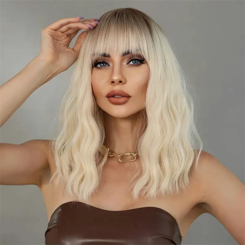 Perruque Bob Lace Front Wig Synthétique Blonde avec Frange pour Femme, Cheveux Courts, Ombré, Balayage Brcorporelle, Coloré, Chaleur, Degré