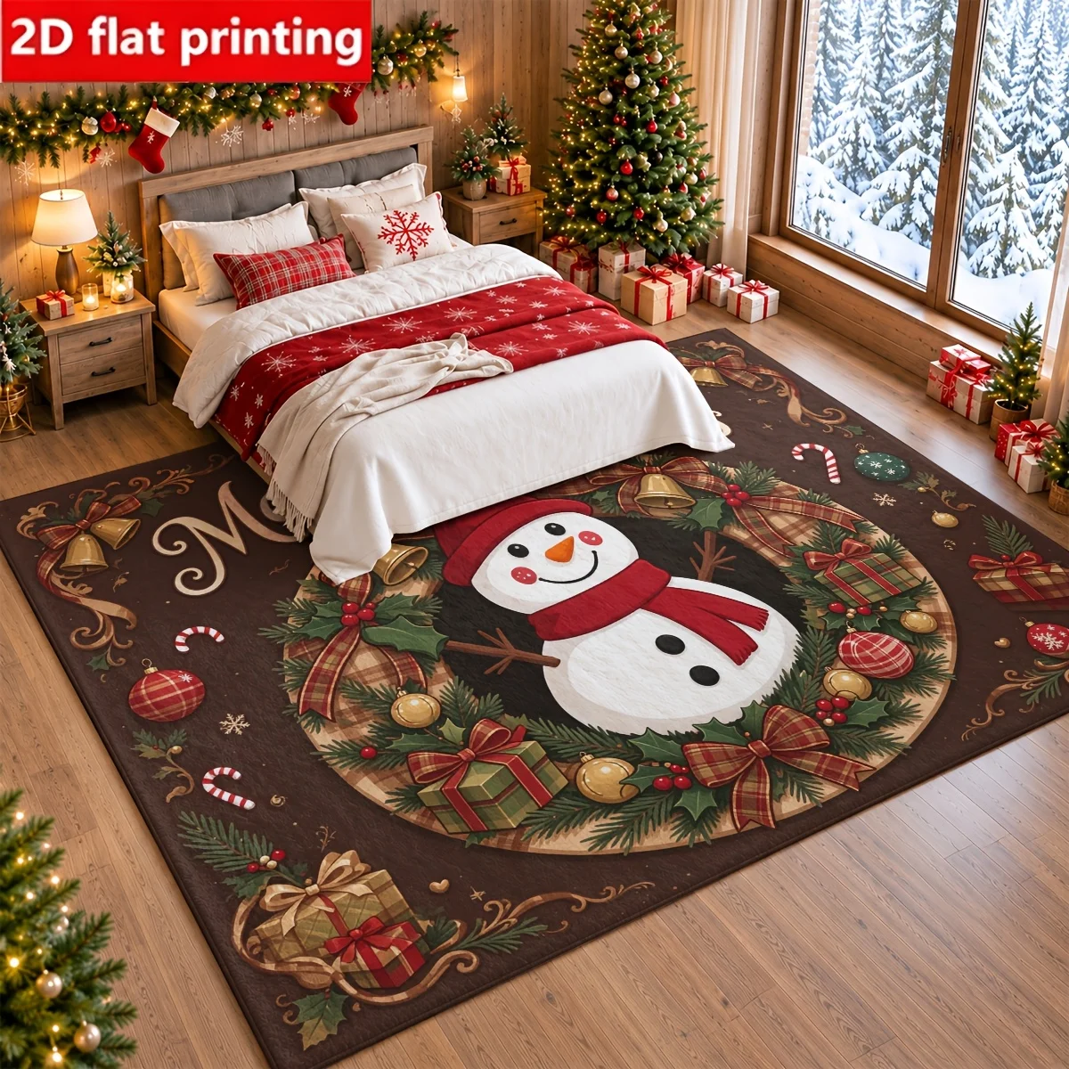 1pc 2D Flat Merry Christmas Snowman Wreath Gift Box Bell Candy Cane Bauble Printed Floor Mat, Decorative Rug for Living Room