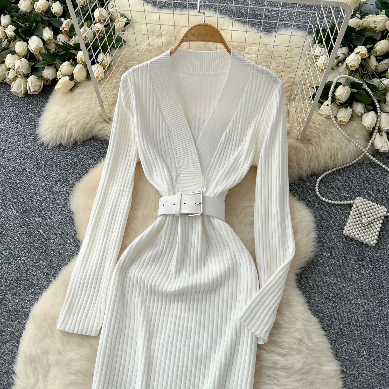Realeft outono inverno malha frente com decote em v vestido envoltório feminino com cinto manga longa bainha sólida coreano vestido fino feminino