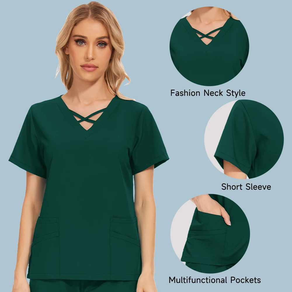 Unisex Medical Scrub Doctor Nurse Uniform Top Short Sleeve Cross V Neck Blouse Elastic Workwear Beauty Uniforms Lab Overalls