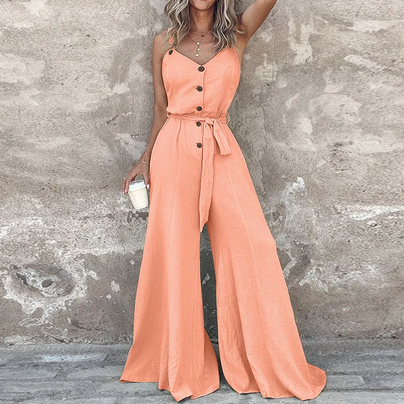 Mode Einfache High Street Overall Frauen Einfarbig Ärmellose Lange Overall Sommer V-ausschnitt Taste Hohe Taille Spitze-up playsuits