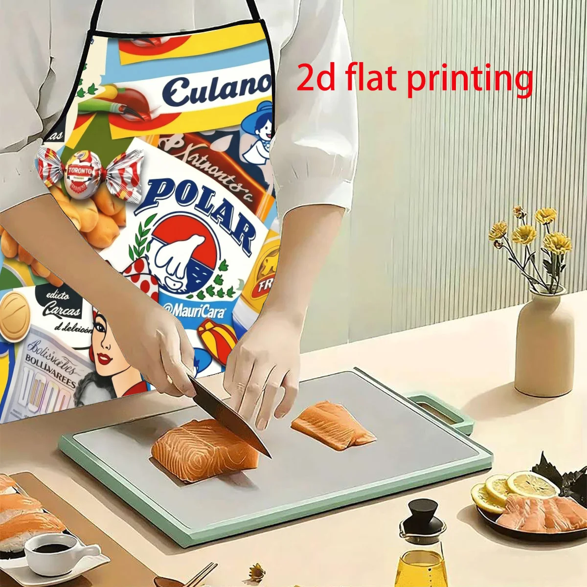 1PC 2D Flat Multicolor Product Collage Print Apron, Durable And Easy To Clean, Adjustable Waist Belt, Unisex Apron For Home Baki