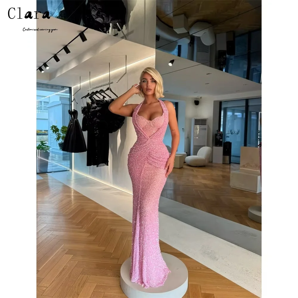 

Clara Custom Pink Sequin Fishtail Sleeveless Elegant Dress Luxury Wedding Guest Women's Evening Dress for Weddings Dresses Party