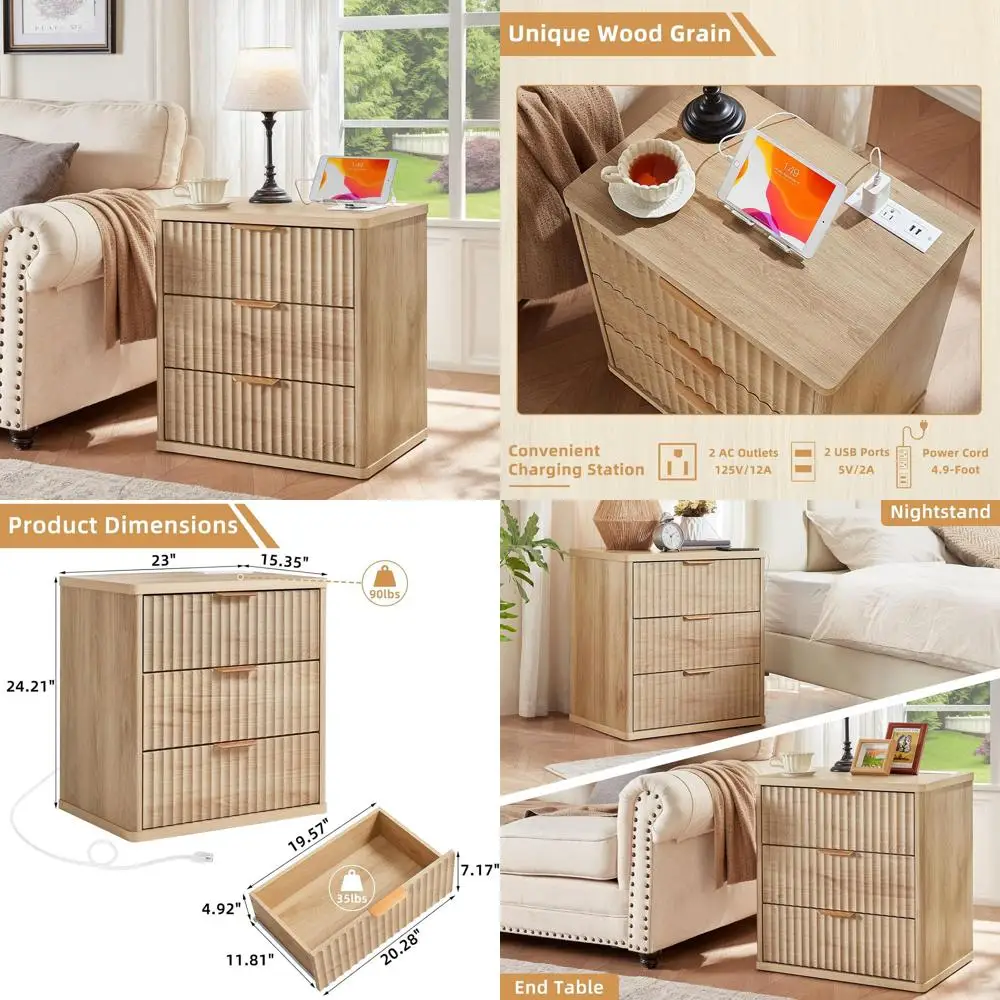 

3-Drawer Fluted Nightstand with Charging Dock, Natural Wood Farmhouse End Table for Bedroom Storage